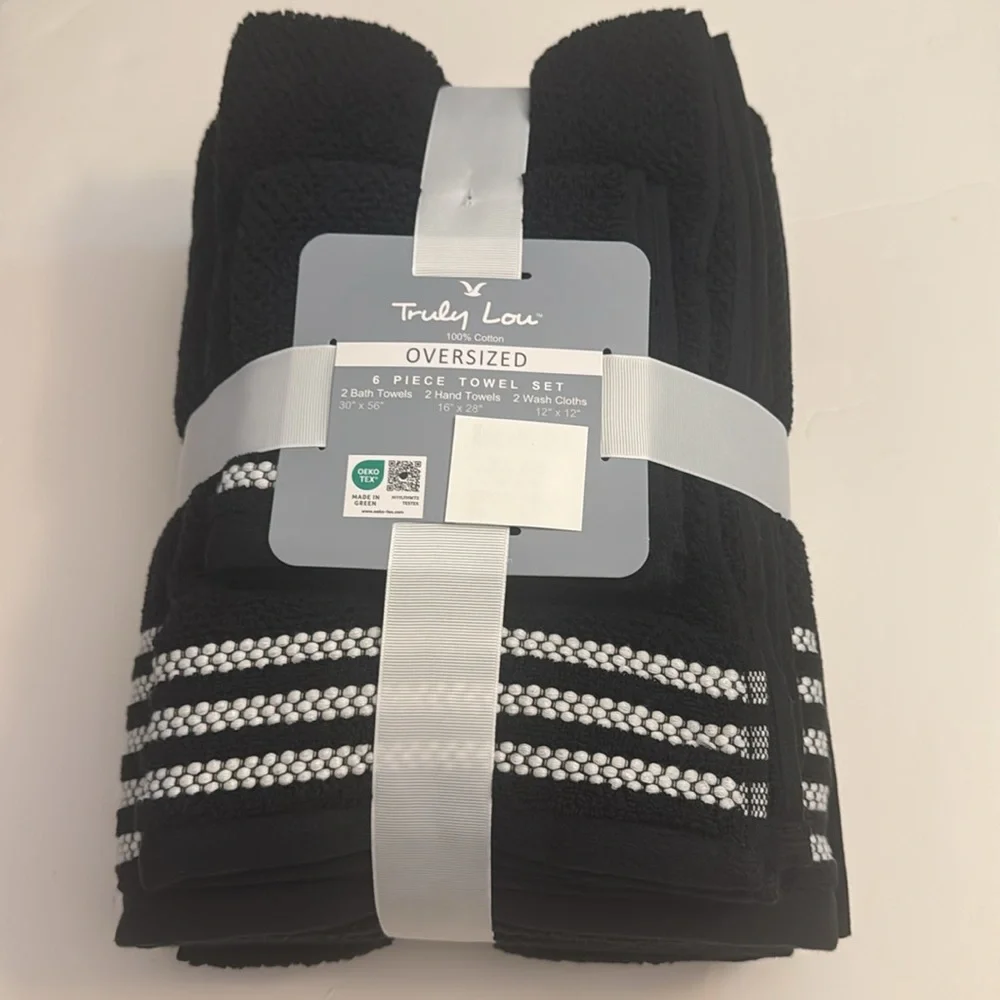 6pc TRULY LOU Oversized 100% Cotton Bath Towel Set - Bundle - Caviar/White